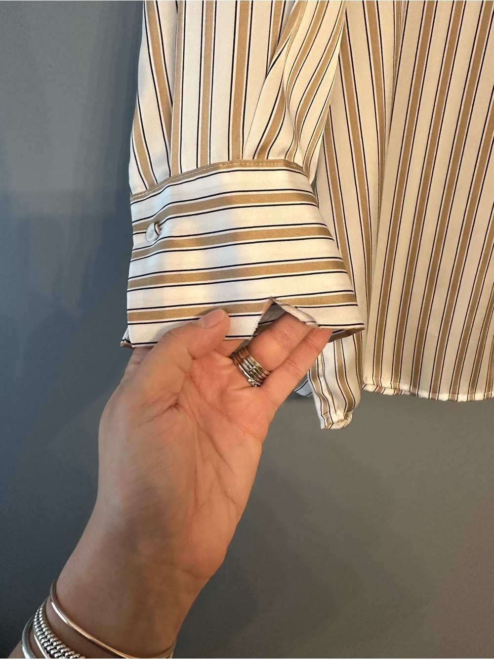 Zara Vertical Stripe Silky Shirt in White and Tan - Picture 2 of 4